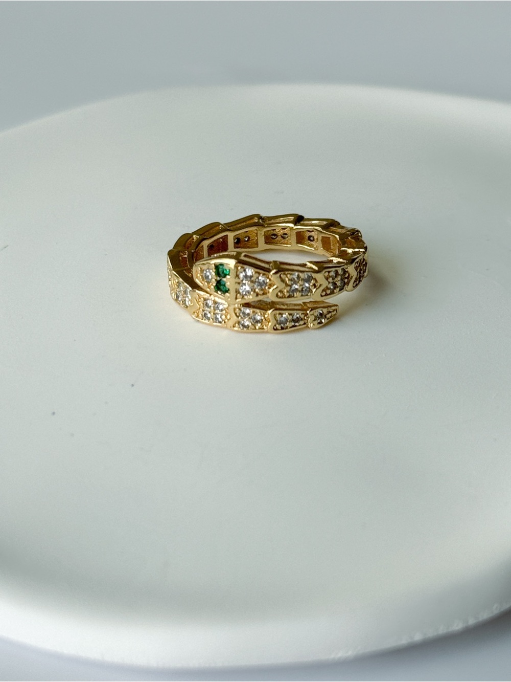 18k Gold Plated Pave Snake Ring with Emerald Accent - Size 8